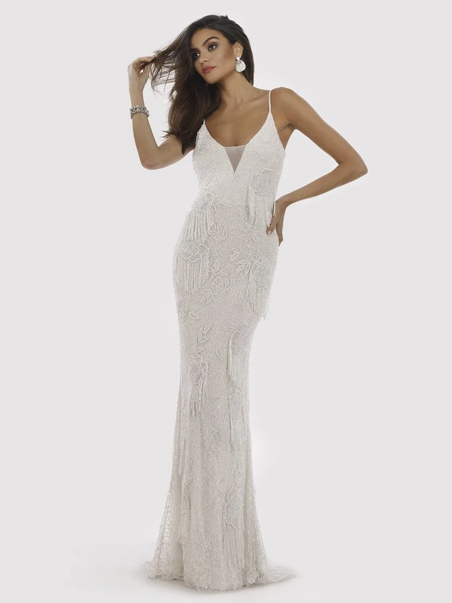 Danika Floral Beaded Sheath Beaded Dress with Beaded Fringe by Lara New York — style 29892 in White