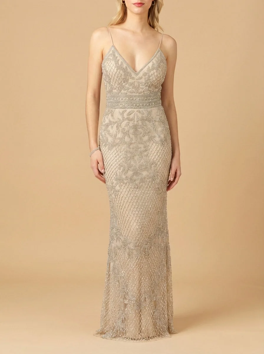 Body Con V-neck Beaded Dress by Lara New York — style 29904 in Nude/Silver