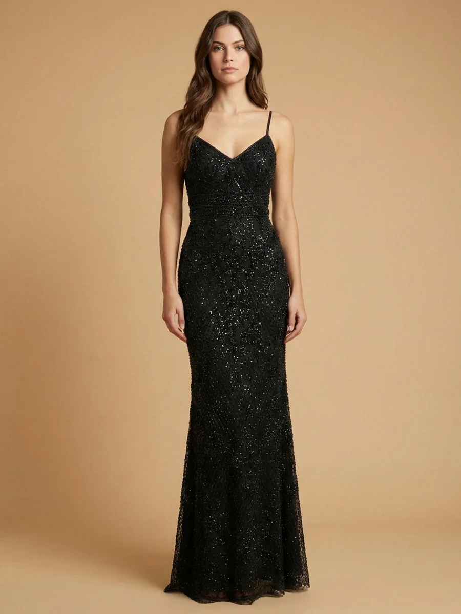 Body Con V-neck Beaded Dress by Lara New York — style 29904 in Black