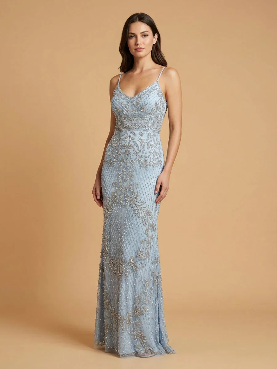 Body Con V-neck Beaded Dress by Lara New York — style 29904 in Periwinkle