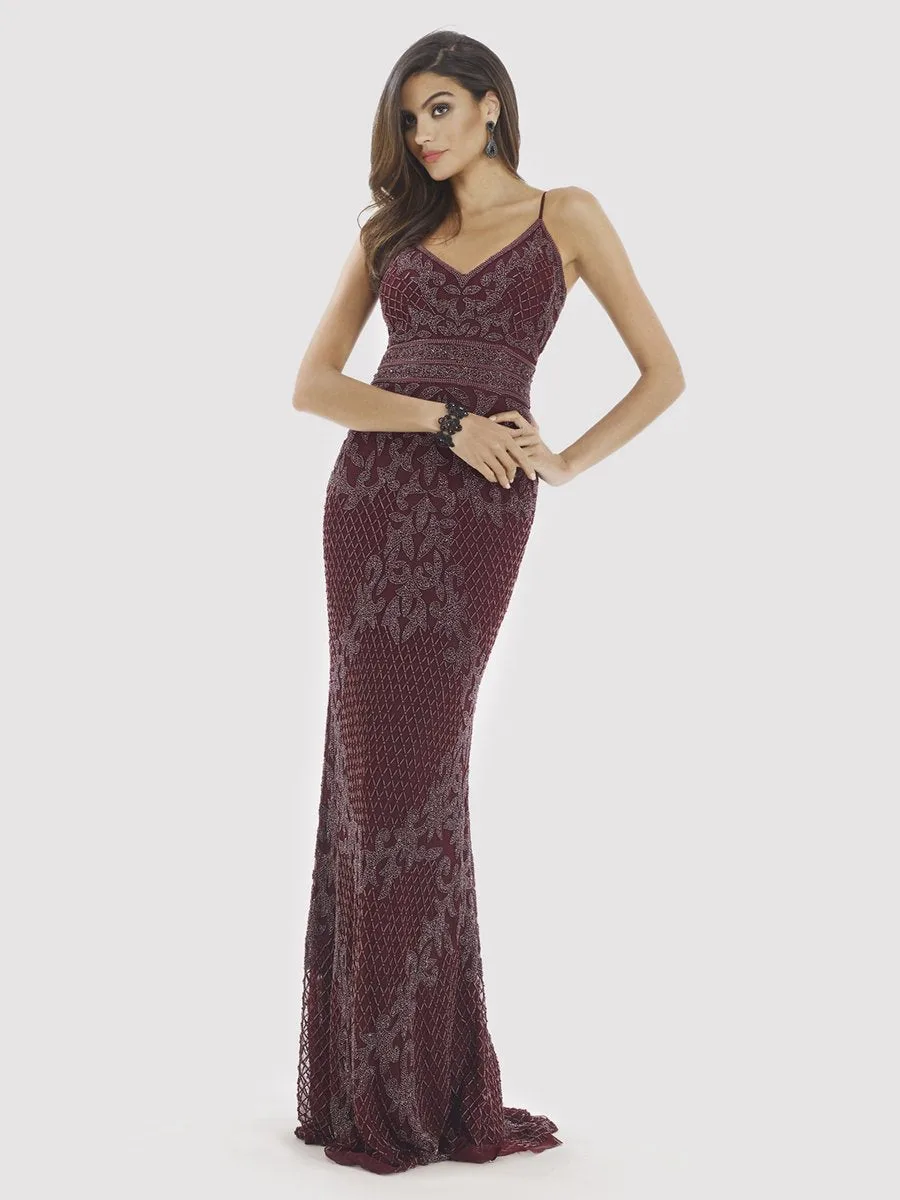 Body Con V-neck Beaded Dress by Lara New York — style 29904 in Wine