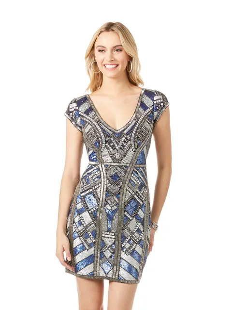 Beaded, V-neck Mini Dress