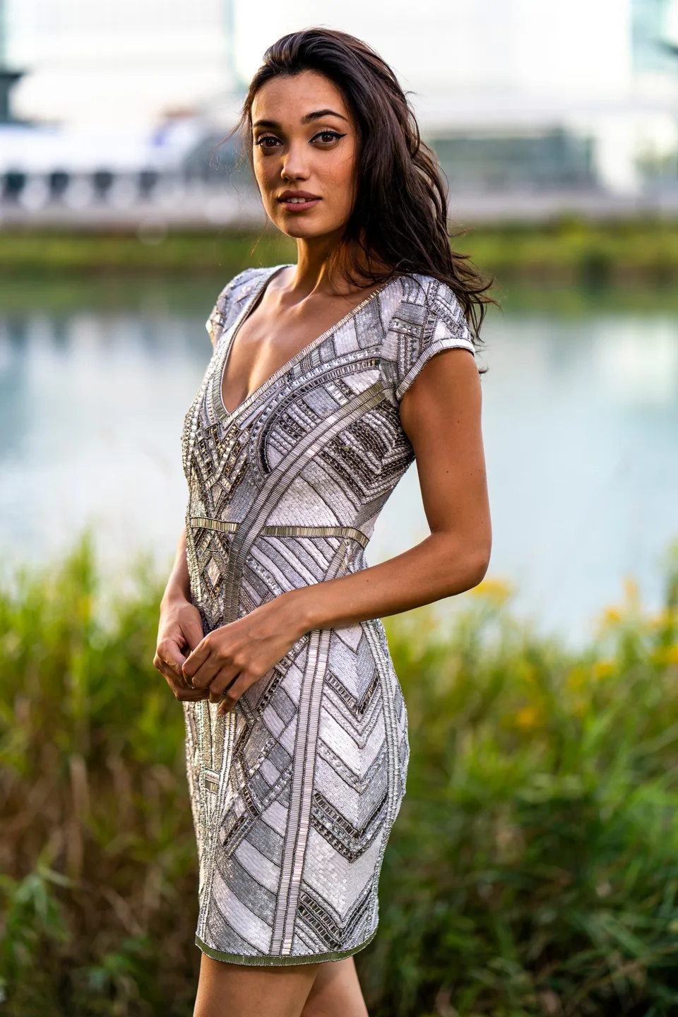 Beaded, V-neck Mini Dress by Lara New York — style 29909