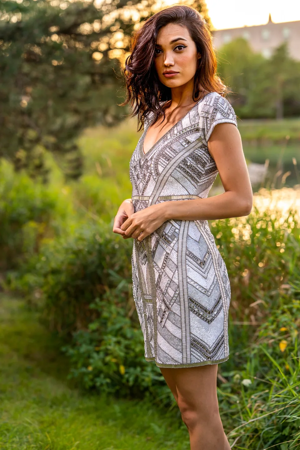 Beaded, V-neck Mini Dress by Lara New York — style 29909 in White