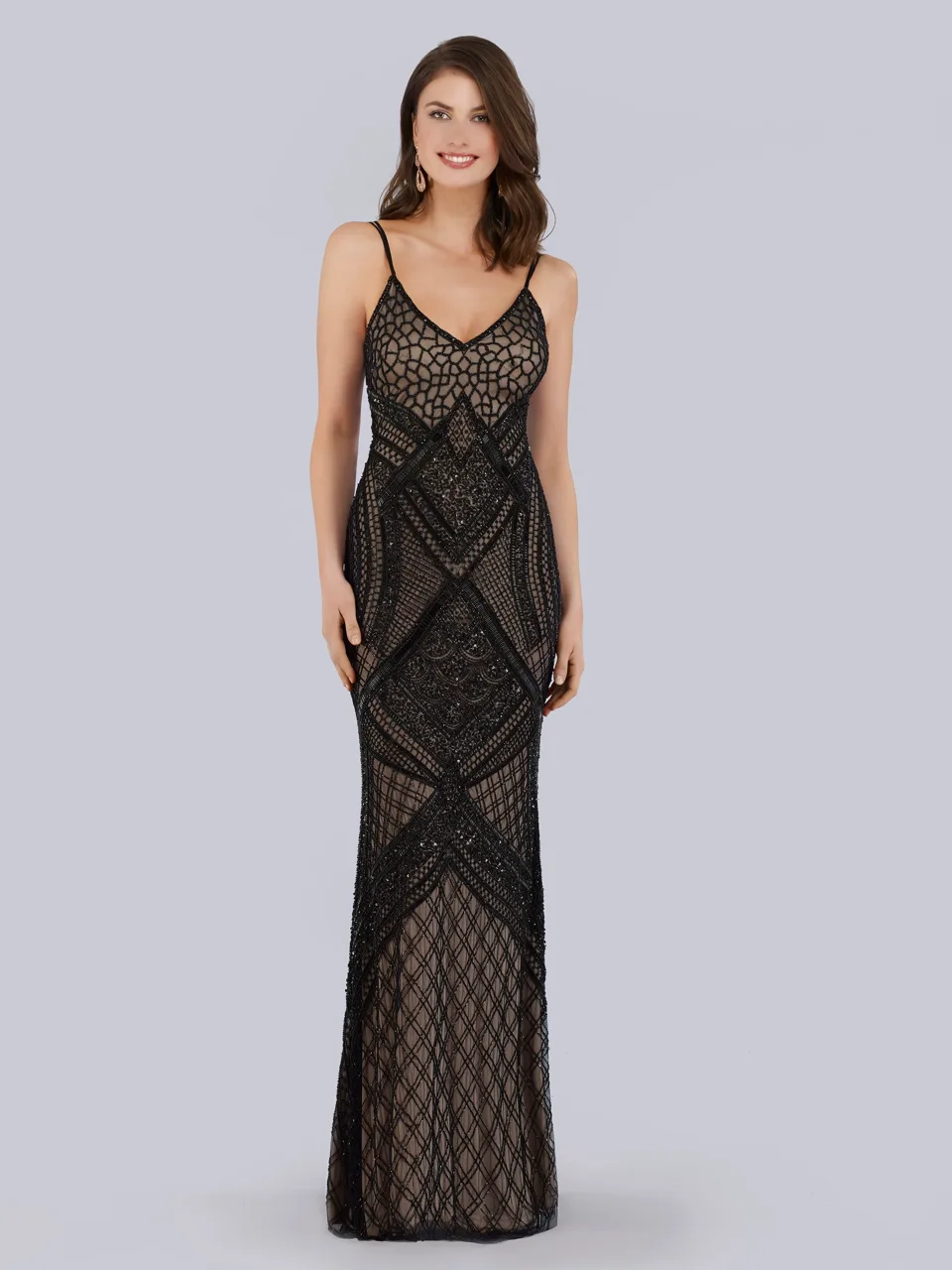 Plunging Neckline Spaghetti Strap Fitted Column Dress - Lara 29911 by Lara New York — style 29911 in Black/Nude
