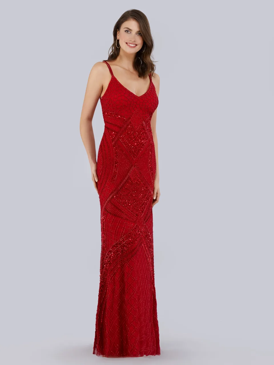 Plunging Neckline Spaghetti Strap Fitted Column Dress - Lara 29911 by Lara New York — style 29911 in Red