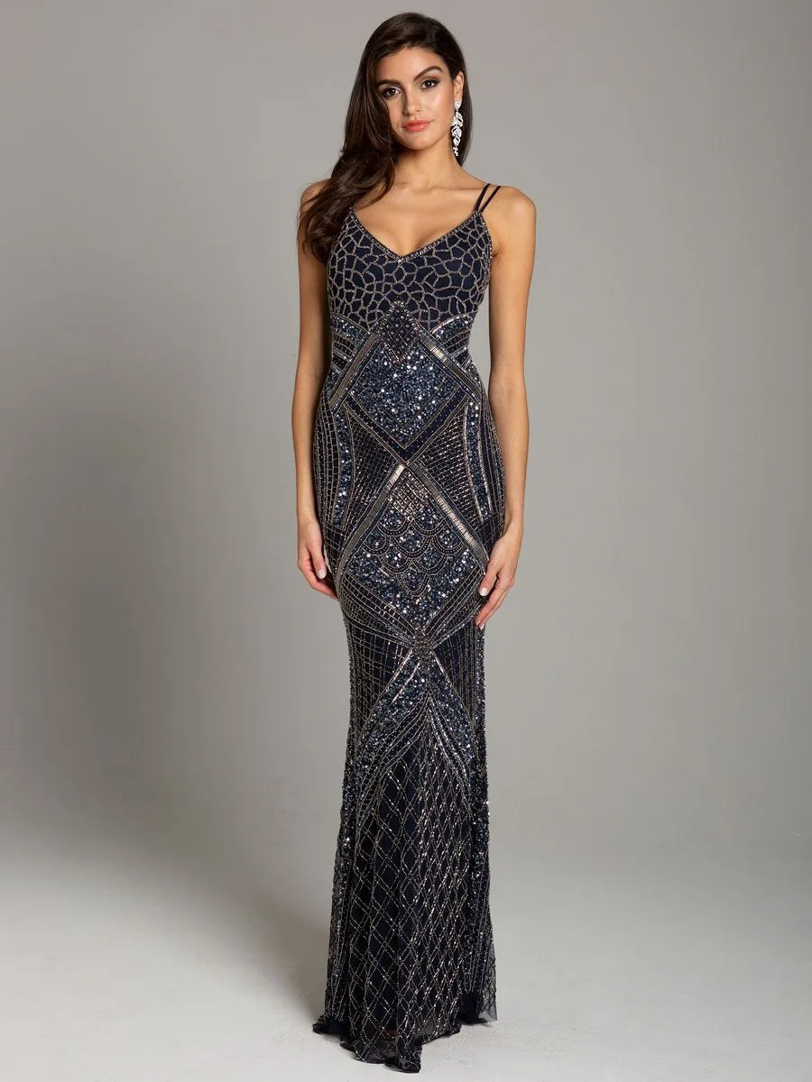 Plunging Neckline Spaghetti Strap Fitted Column Dress - Lara 29911 by Lara New York — style 29911 in Navy/Gunmetal