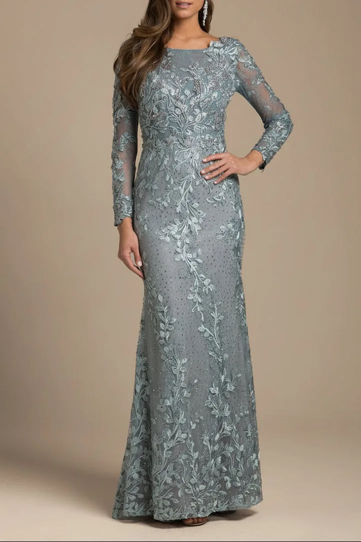 Long Sleeve Lace Dress With Lace Appliques by Lara New York — style 29924 in Silver Sage