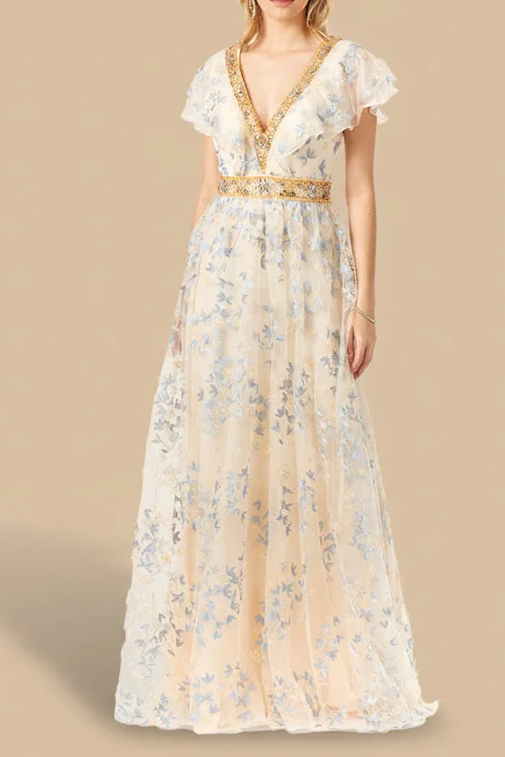 Lace, V-Neck Dress by Lara New York — style 29966 in Champagne