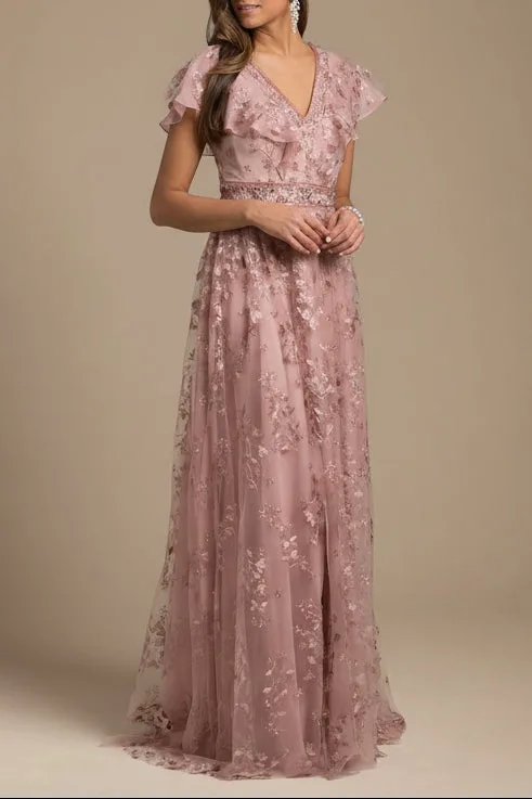 Lace, V-Neck Dress by Lara New York — style 29966 in Mauve