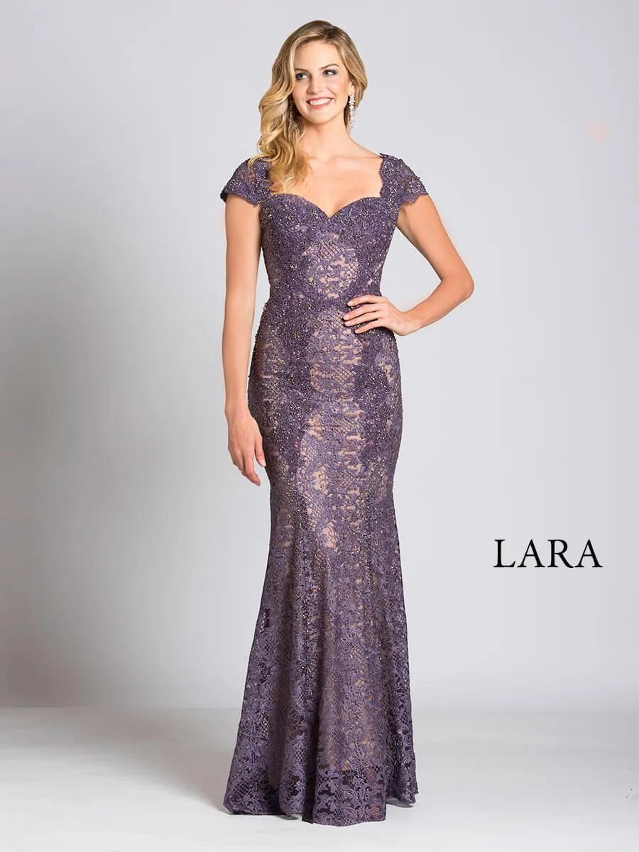 Fitted Lace Mermaid Gown by Lara New York — style 33491 in Dusty Purple