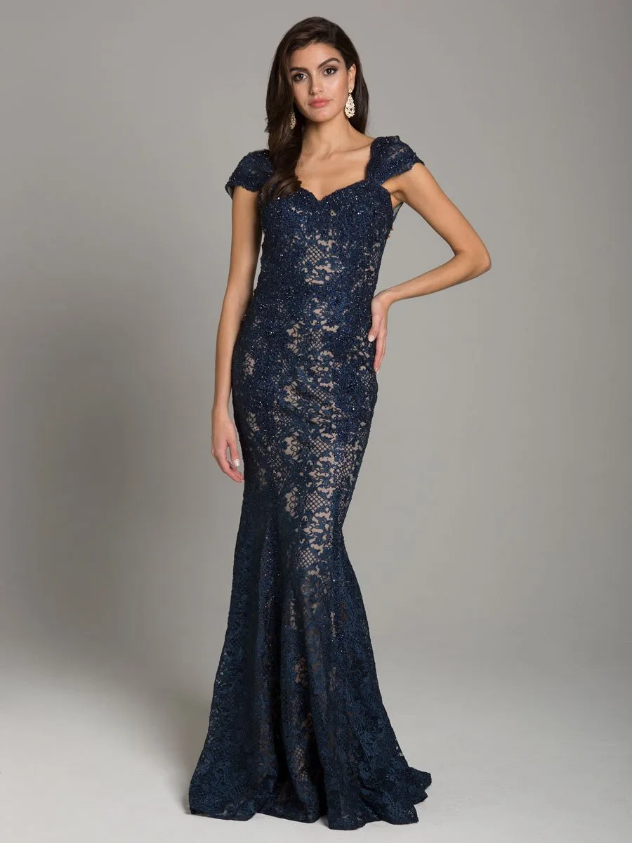 Fitted Lace Mermaid Gown by Lara New York — style 33491 in Navy