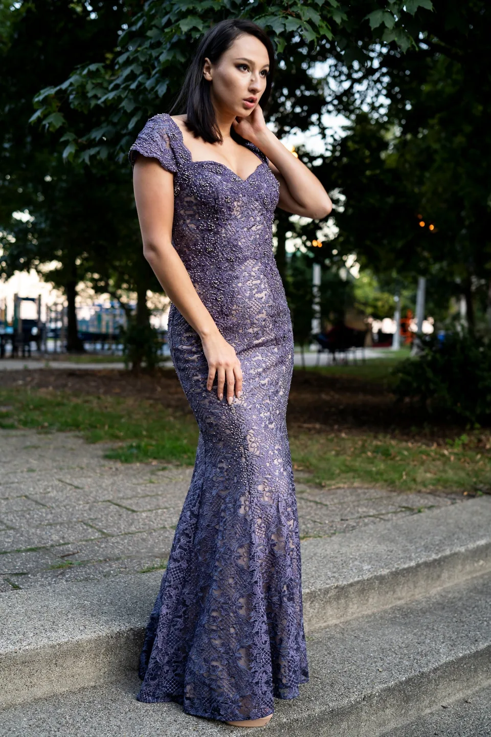 Fitted Lace Mermaid Gown by Lara New York — style 33491