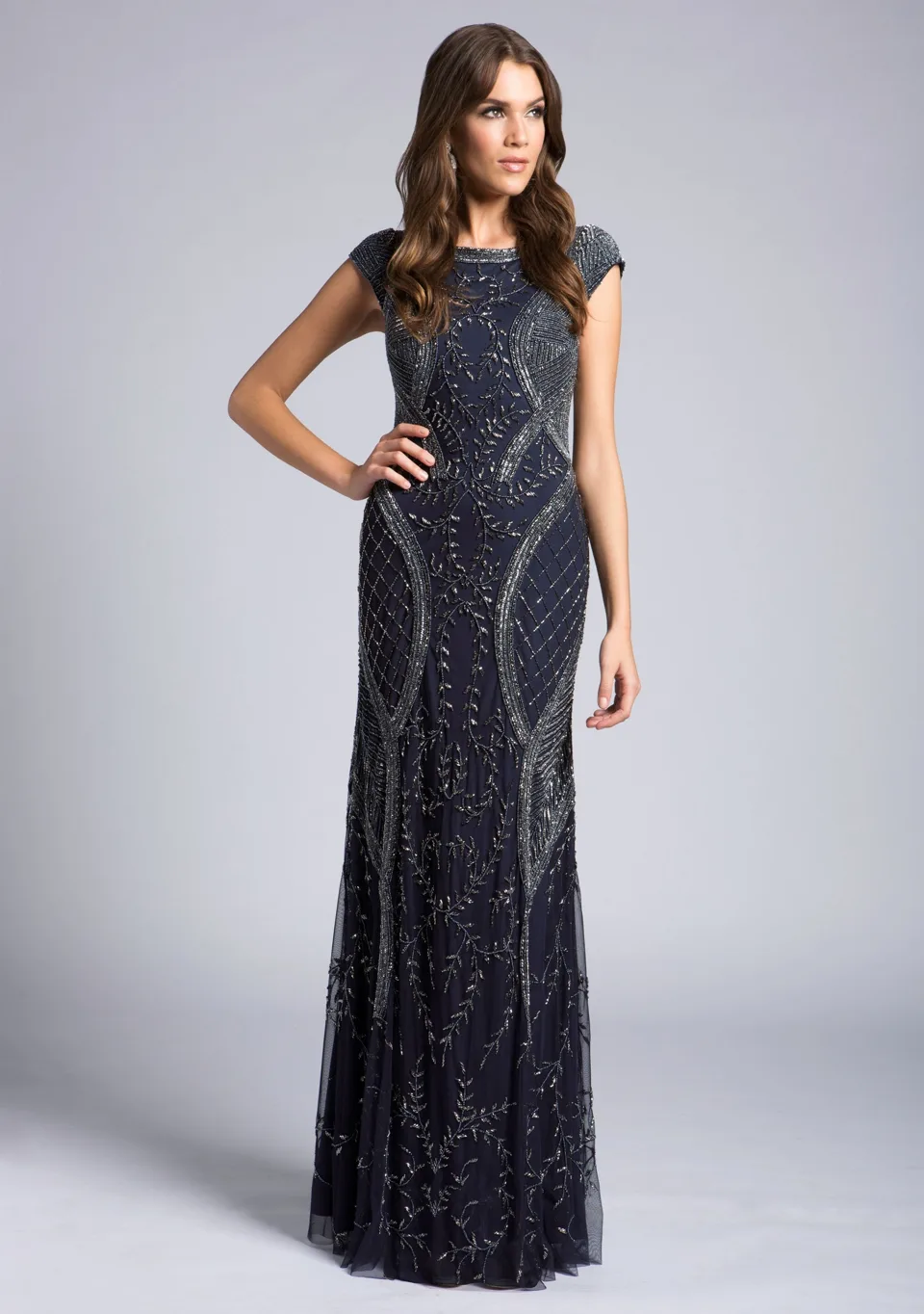 Cap Sleeve Modestly Covered Dress by Lara New York — style 33609 in Navy