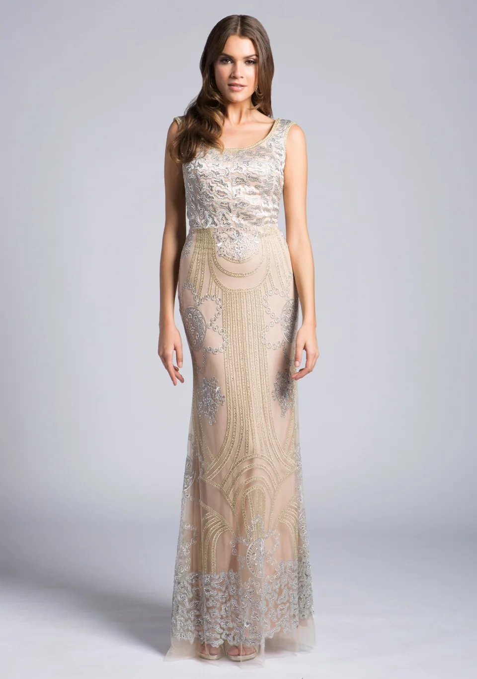 Lace Beaded Gown by Lara New York — style 33622 in Silver/Nude