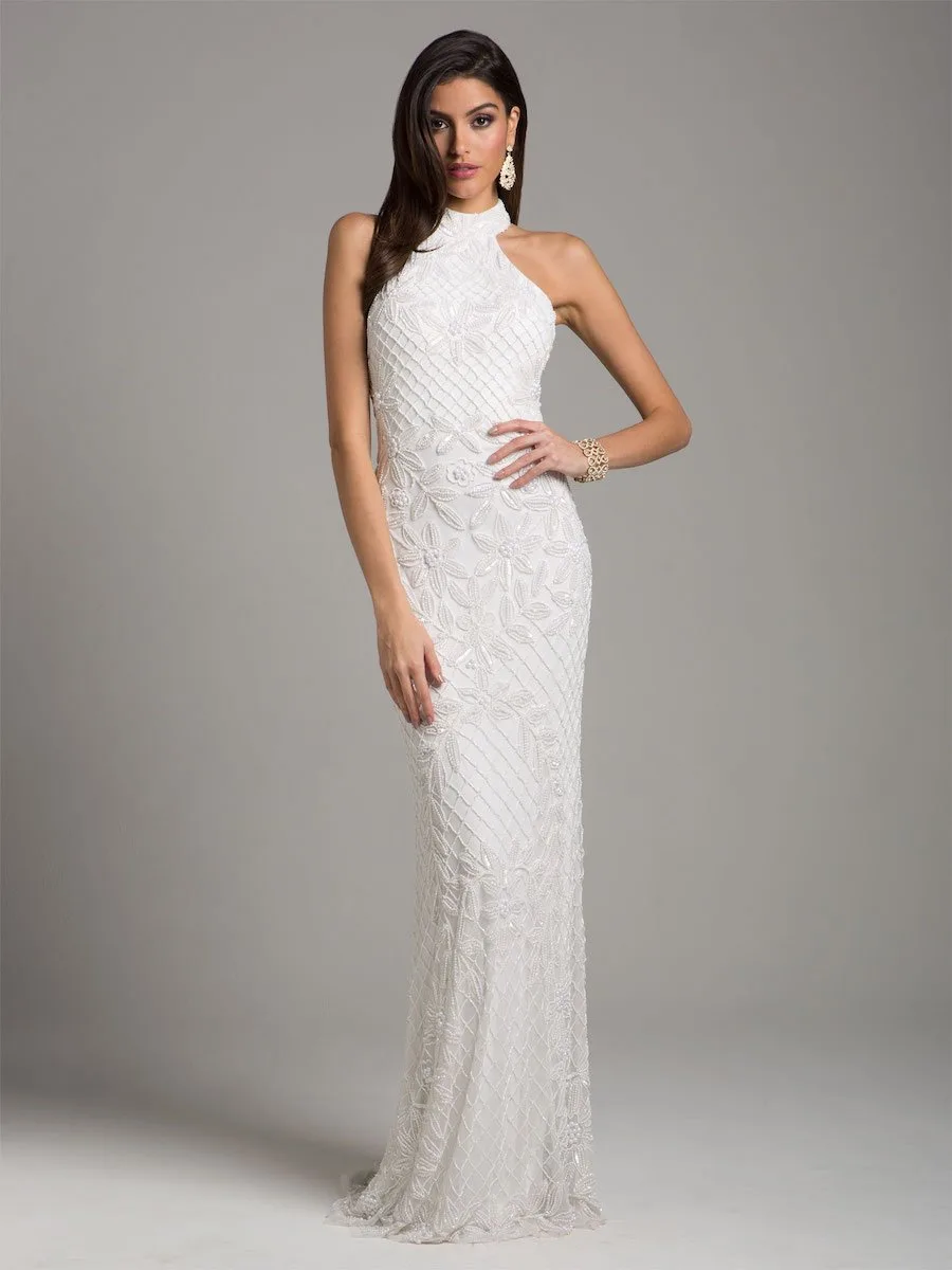 Lattice-Beaded Halter Neck Sheath Wedding Gown by Lara New York — style 51003 in Ivory