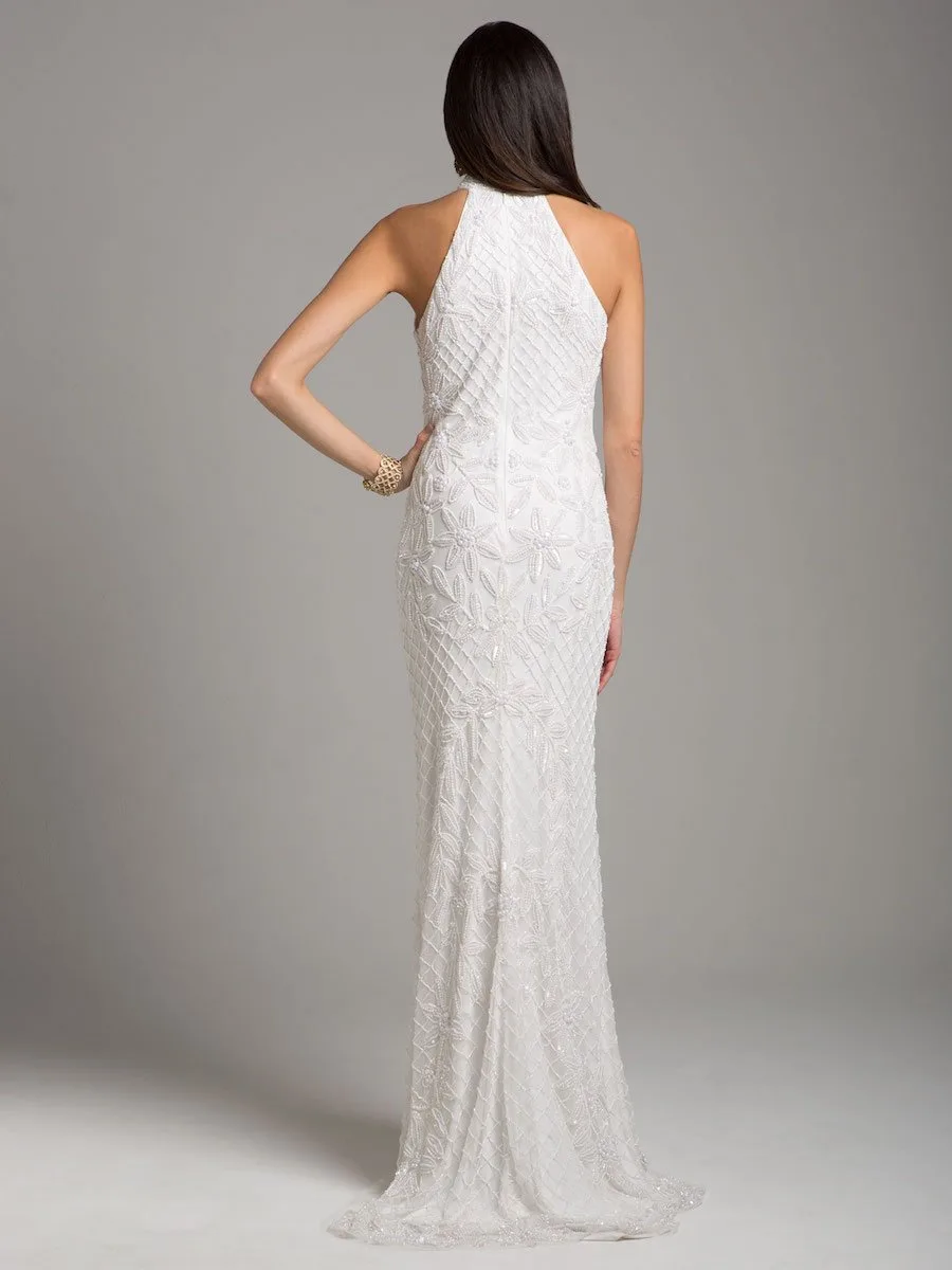 Lattice-Beaded Halter Neck Sheath Wedding Gown by Lara New York — style 51003