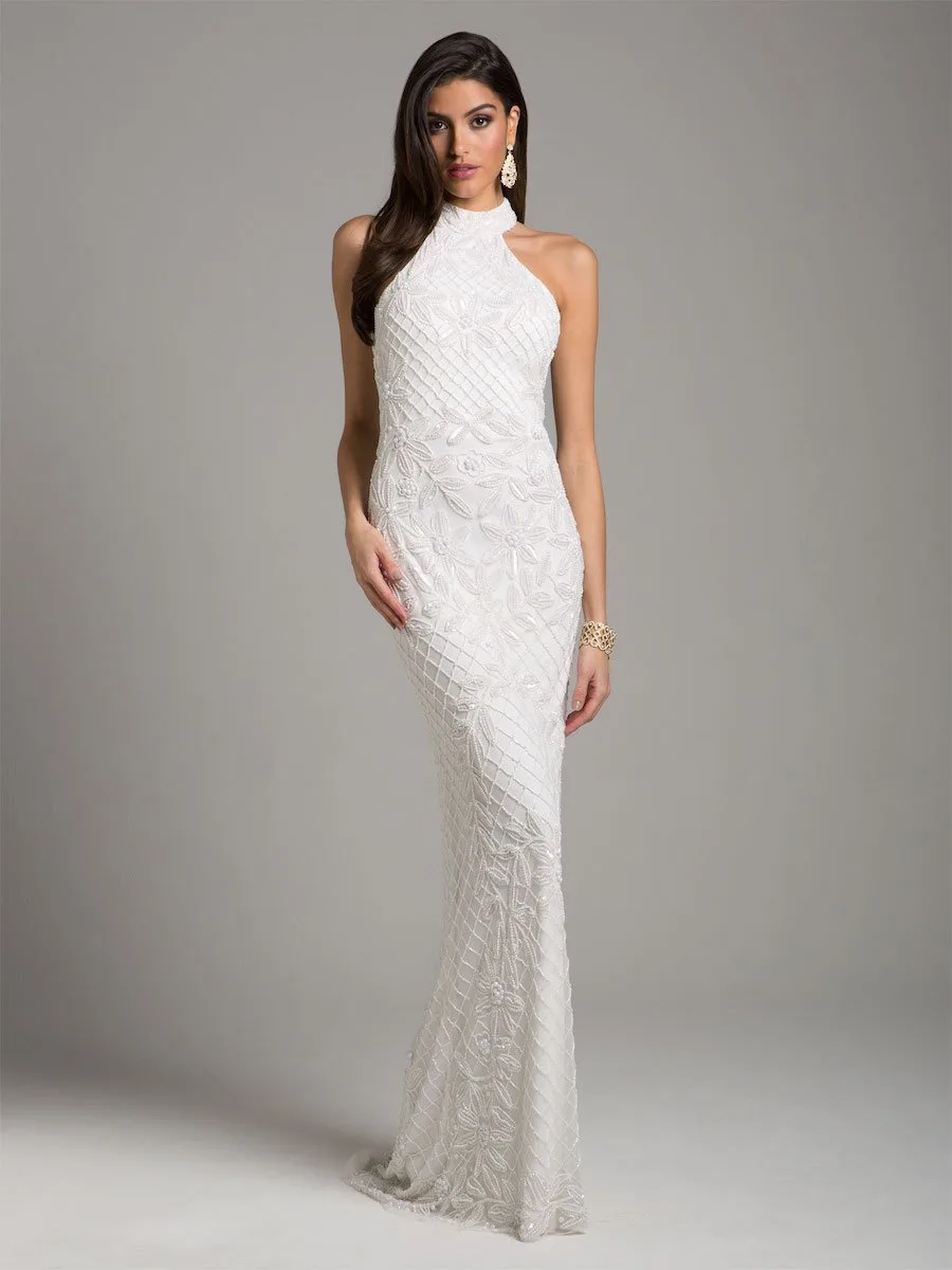 Lattice-Beaded Halter Neck Sheath Wedding Gown by Lara New York — style 51003 in Ivory
