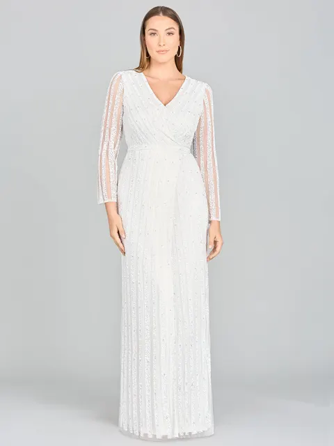 Blair Long-Sleeve Beaded Surplice Sheath Gown