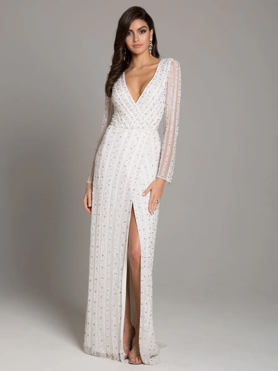 Blair Long-Sleeve Beaded Surplice Sheath Gown by Lara New York — style 51007 in Ivory