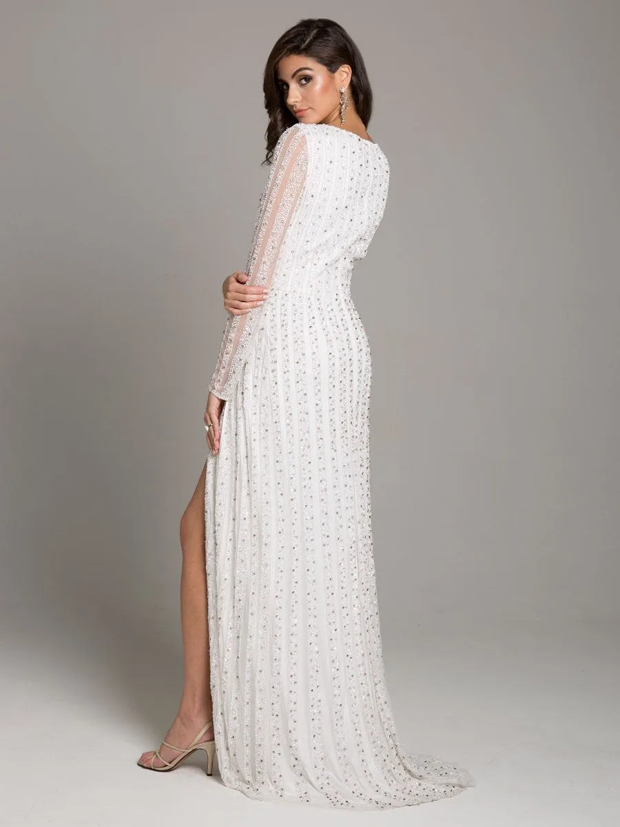 Blair Long-Sleeve Beaded Surplice Sheath Gown by Lara New York — style 51007