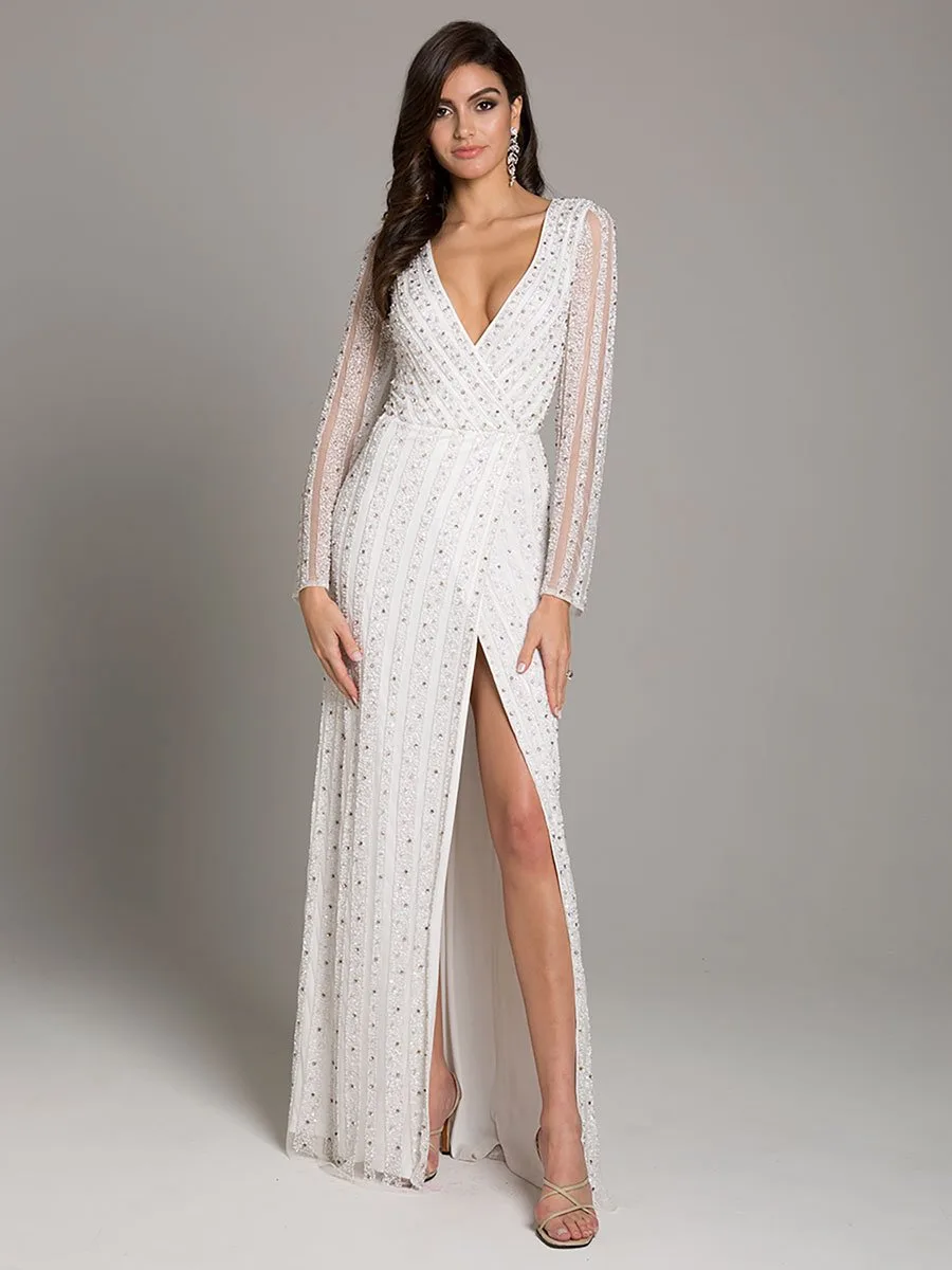 Blair Long-Sleeve Beaded Surplice Sheath Gown by Lara New York — style 51007 in Ivory