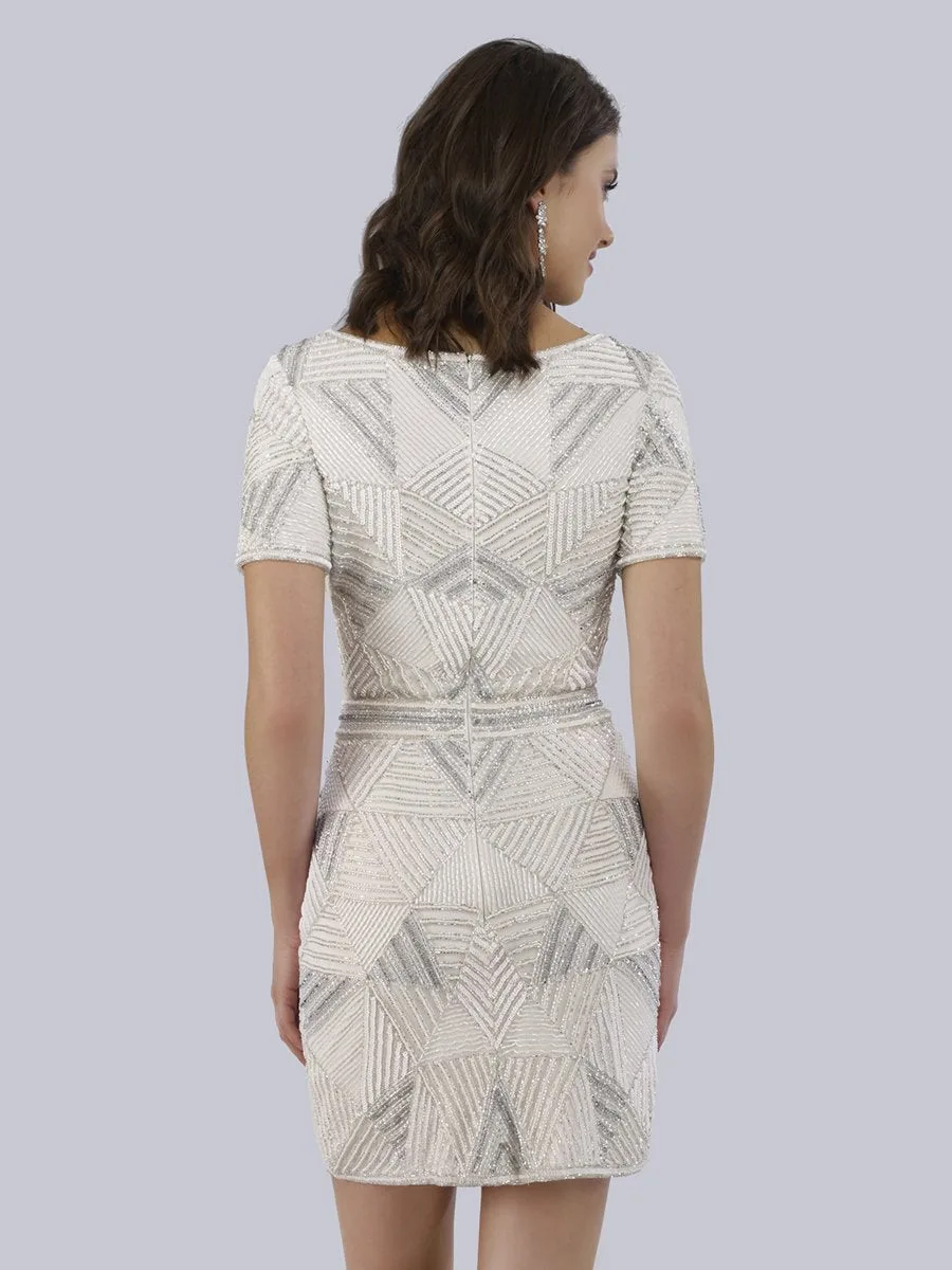 Becky Beaded Faux-Wrap Short Sleeve Cocktail Dress by Lara New York — style 51021