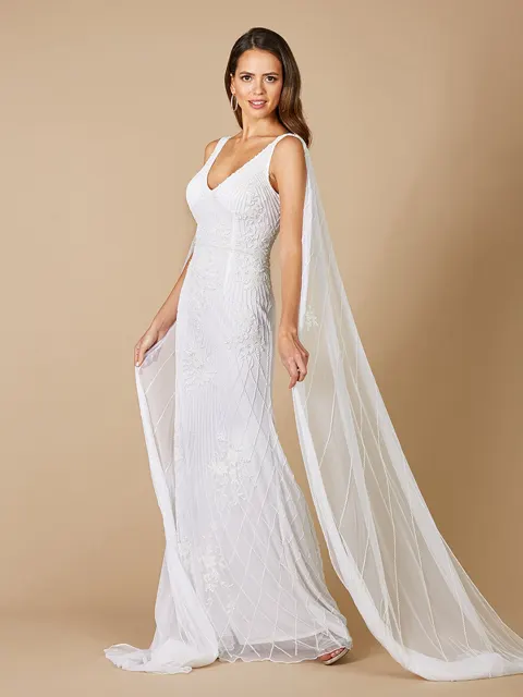 Gia Beaded Tank Wedding Dress with Cape Detail