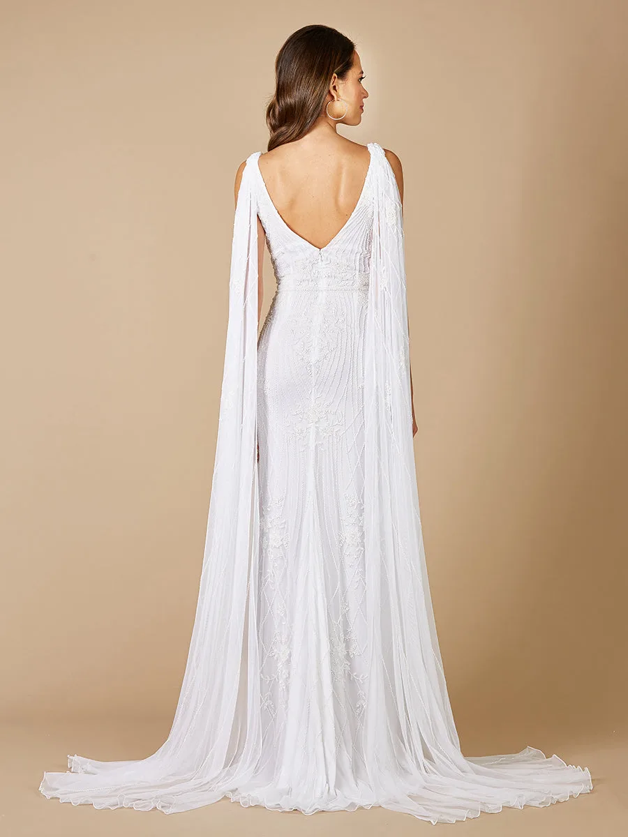 Gia Beaded Tank Wedding Dress with Cape Detail by Lara New York — style 51055