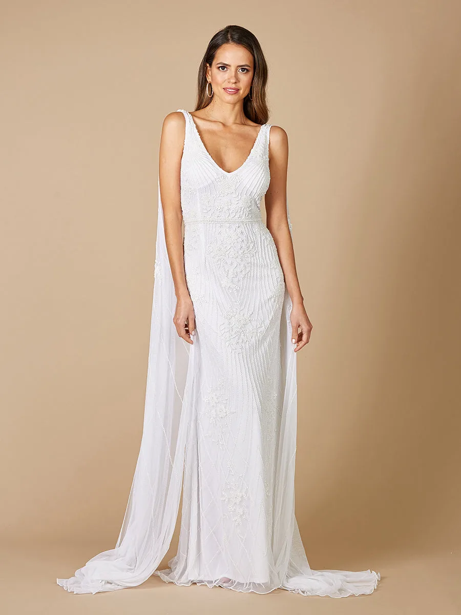 Gia Beaded Tank Wedding Dress with Cape Detail by Lara New York — style 51055 in Ivory