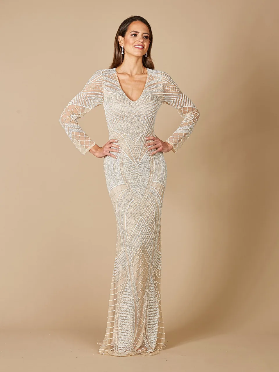 Haley Beaded Dress Nude/Ivory Bridal by Lara New York — style 51110 in Ivory/Nude