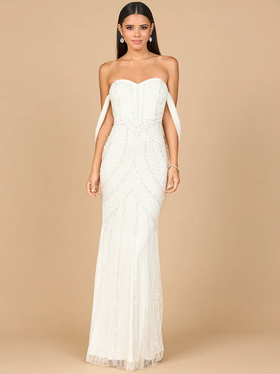 Beaded Gown with Cape Detail by Lara New York — style 51198 in Ivory
