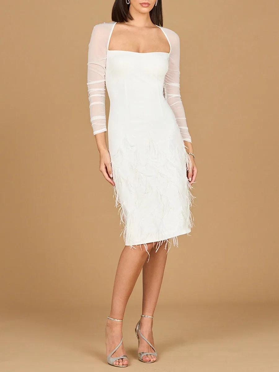Long Sleeve Bridal Midi Gown with Feathers by Lara New York — style 51208 in Ivory
