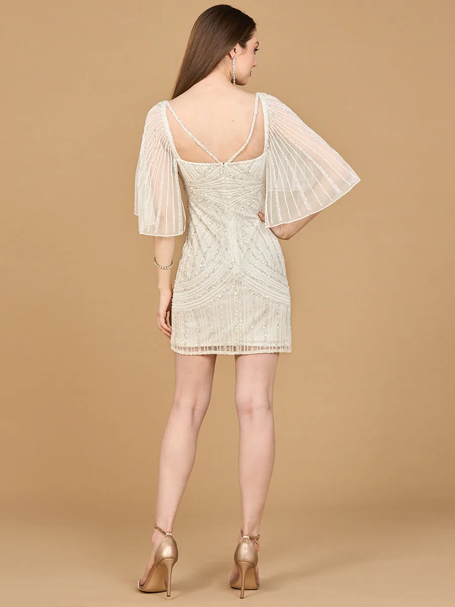 Beaded Cape Sleeve Wedding Short Dress by Lara New York — style 51213