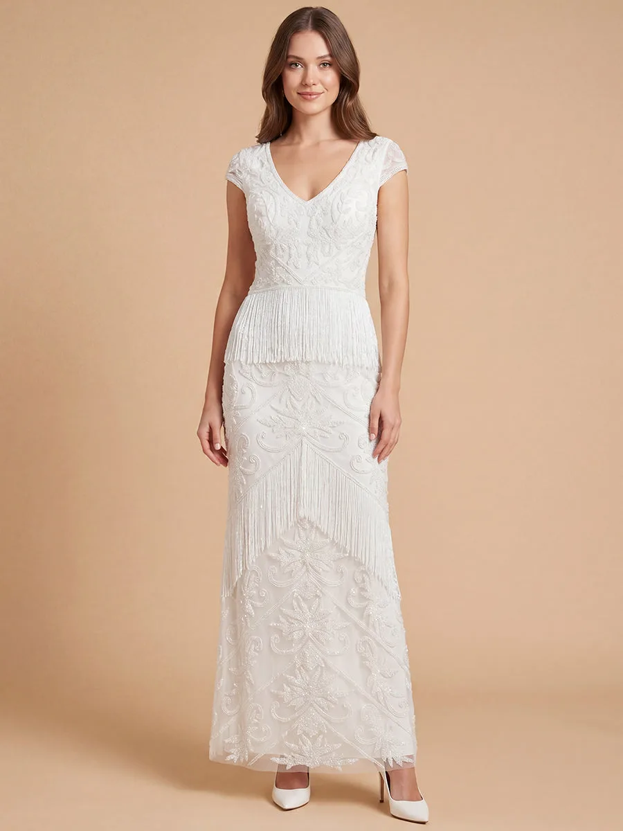Cap Sleeve Bridal Beaded Gown with Fringe by Lara New York — style 51222 in Ivory