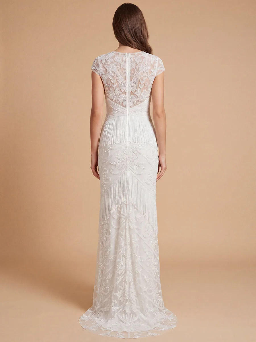 Cap Sleeve Bridal Beaded Gown with Fringe by Lara New York — style 51222