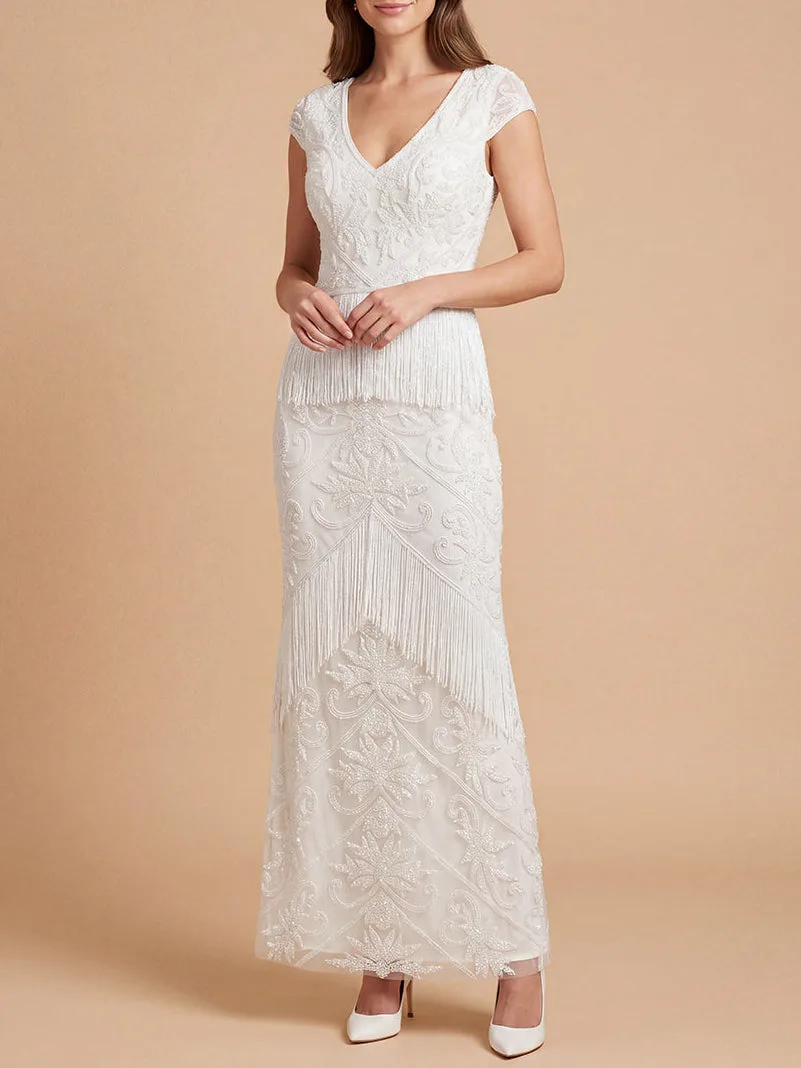 Cap Sleeve Bridal Beaded Gown with Fringe by Lara New York — style 51222