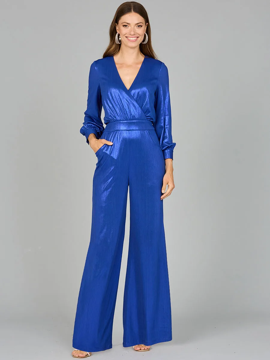 Metallic Shimmer Jumpsuit with Pockets by Lara New York — style 8121 in Blue