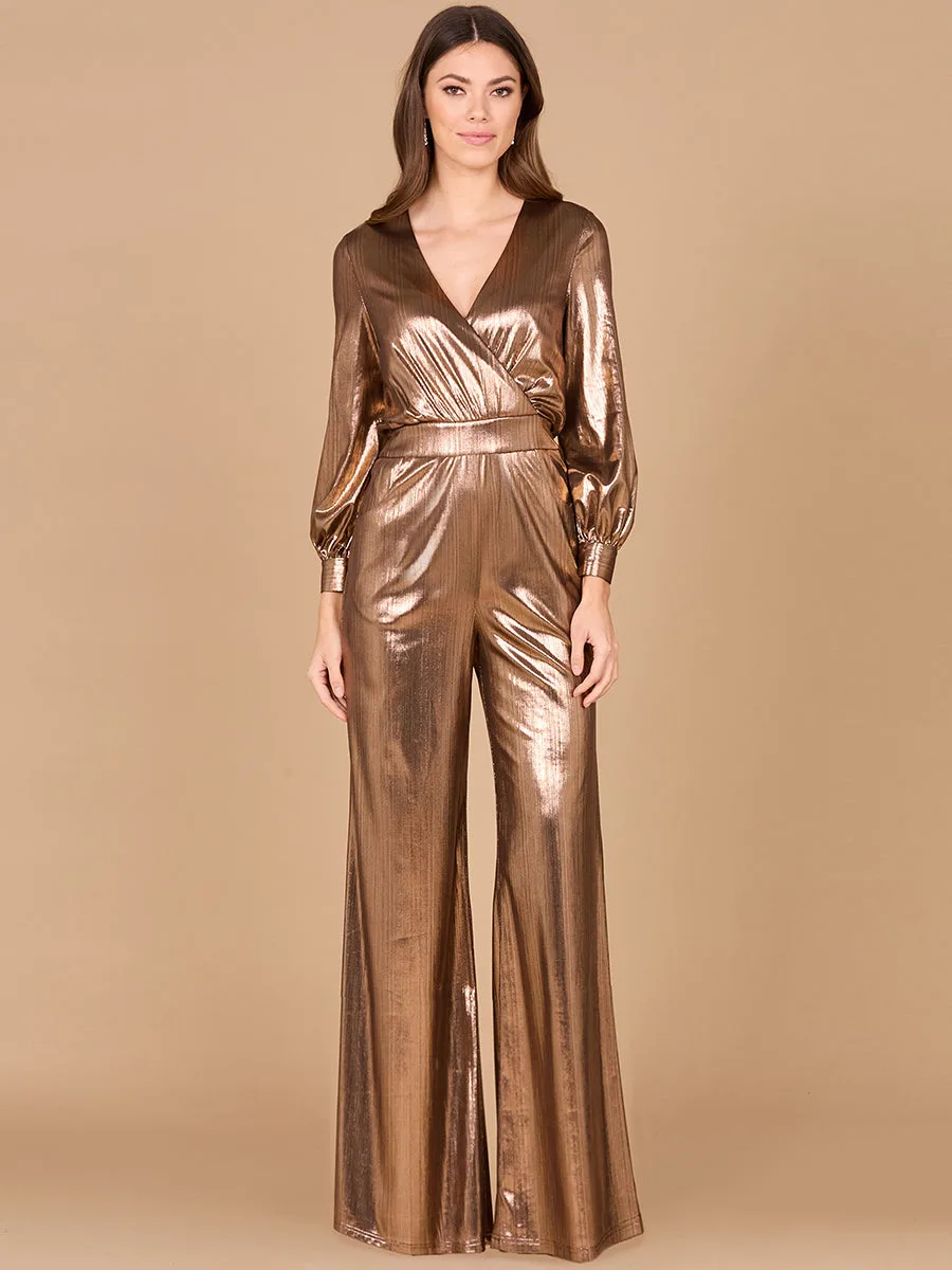 Metallic Shimmer Jumpsuit with Pockets by Lara New York — style 8121 in Bronze