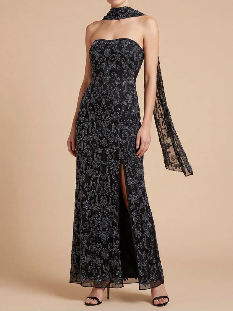 Strapless Beaded Gown with Scarf by Lara New York — style 9916 in Black