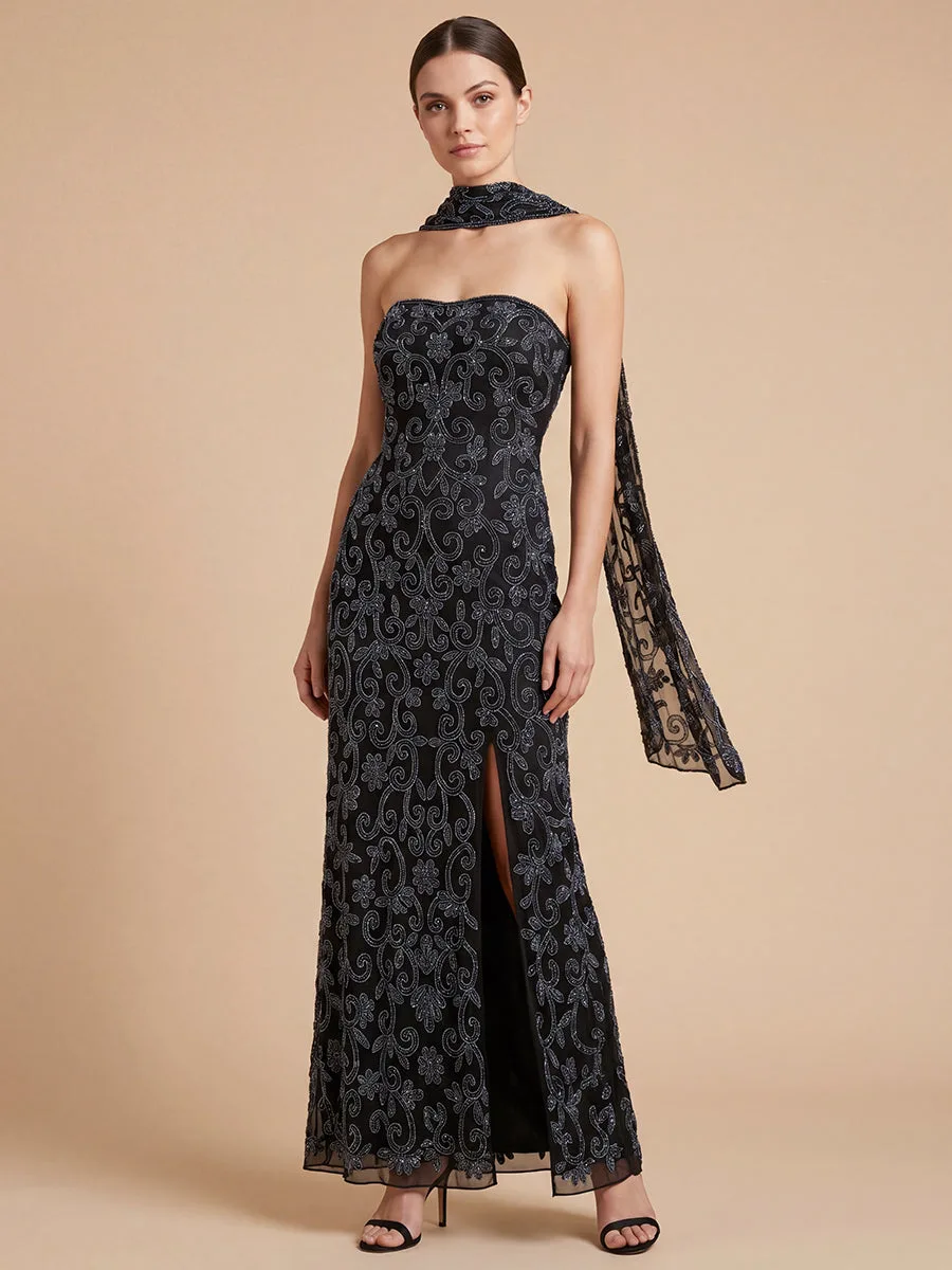 Strapless Beaded Gown with Scarf by Lara New York — style 9916