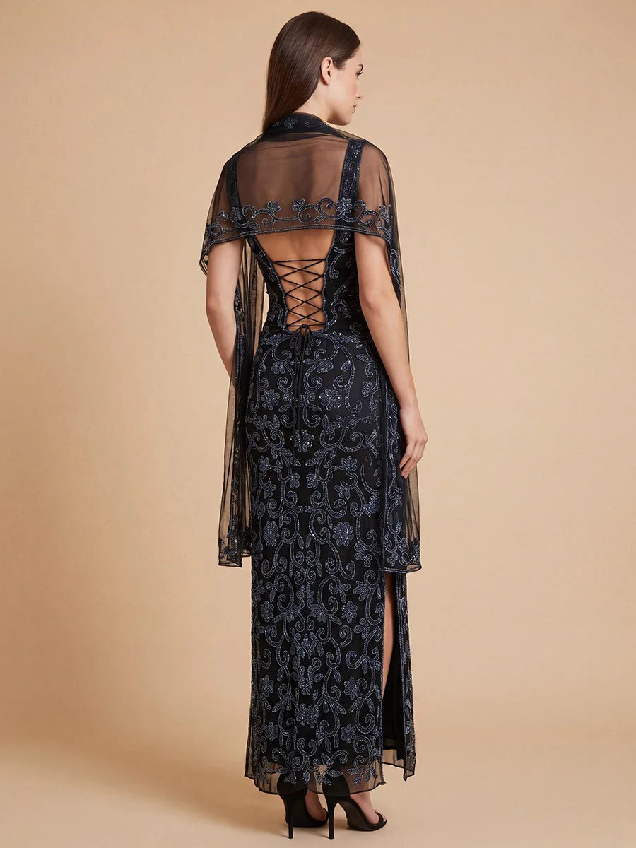 Strapless Beaded Gown with Scarf by Lara New York — style 9916