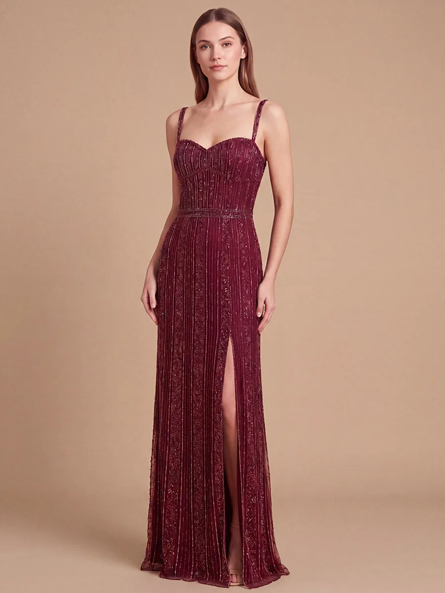 Spaghetti Strap Beaded Gown by Lara New York — style 9917 in Wine
