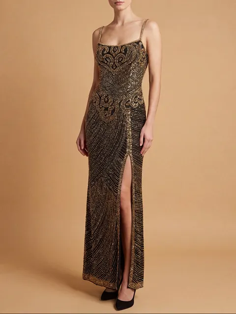 Spaghetti Strap Beaded Gown with Slit