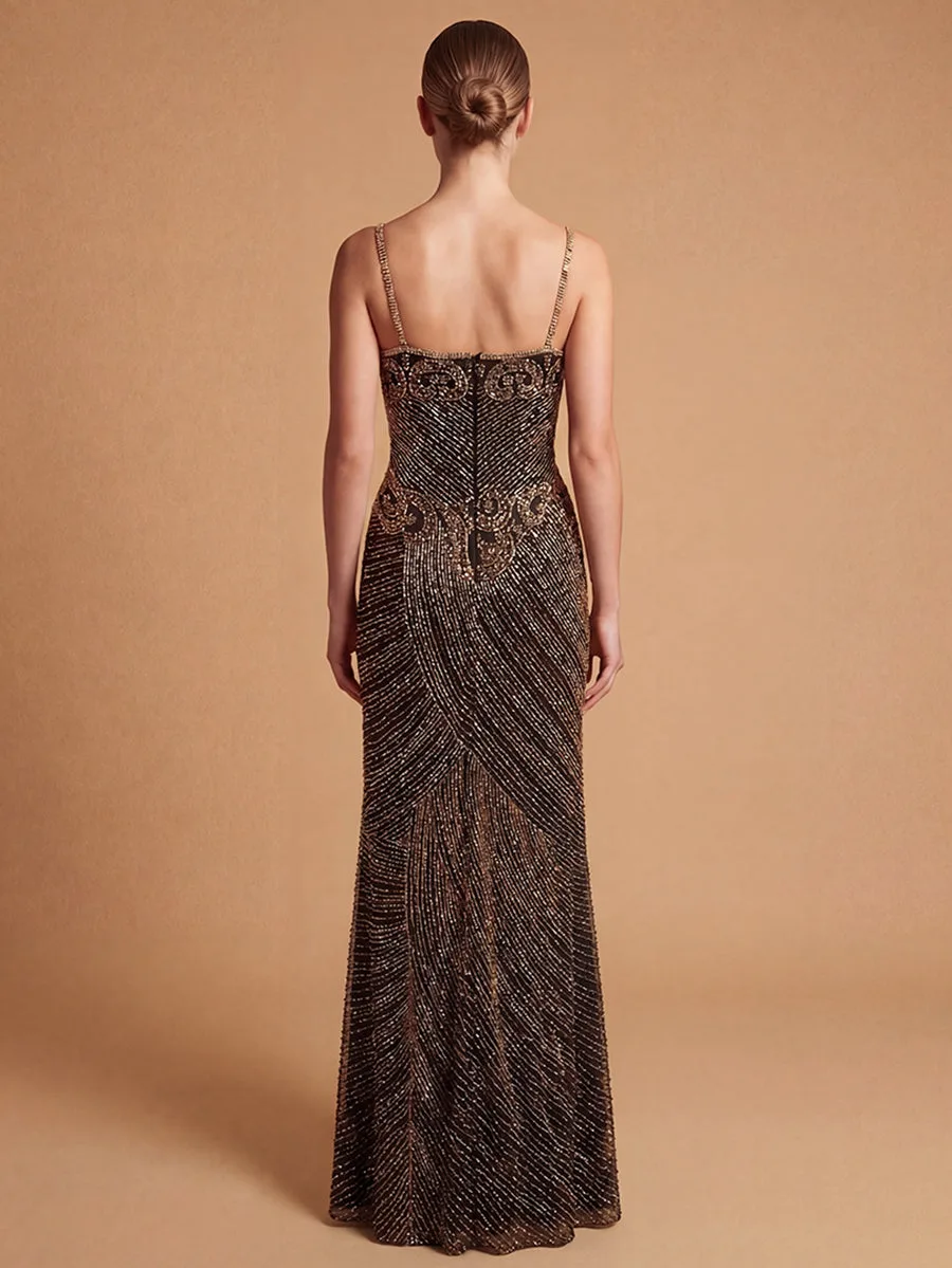 Spaghetti Strap Beaded Gown with Slit by Lara New York — style 9919