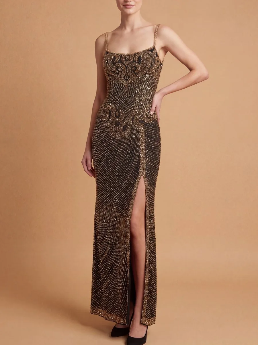 Spaghetti Strap Beaded Gown with Slit by Lara New York — style 9919