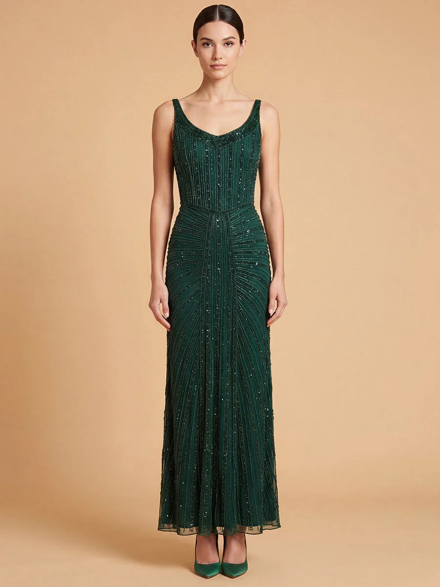 Beaded V-Neck Gown by Lara New York — style 9920 in Dark Green