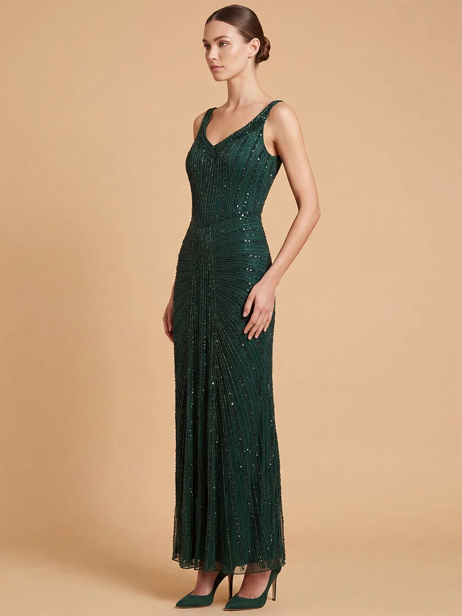 Beaded V-Neck Gown by Lara New York — style 9920