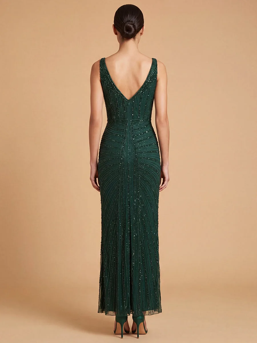 Beaded V-Neck Gown by Lara New York — style 9920