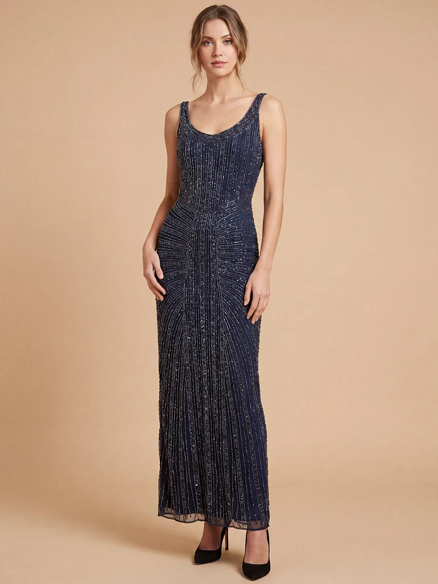 Beaded V-Neck Gown by Lara New York — style 9920 in Navy